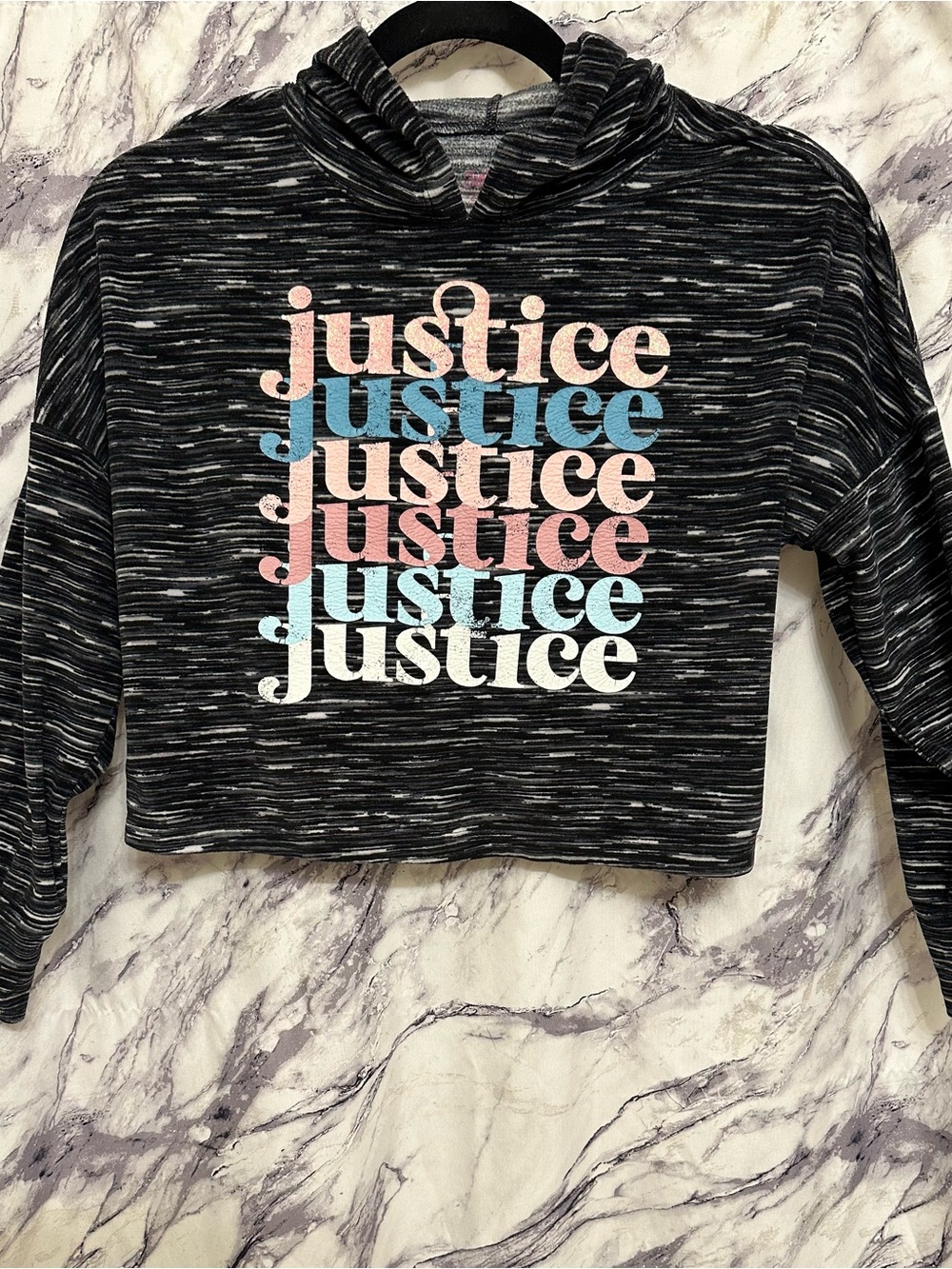 Justice Gray Striped Sleep Top with Multi Colored Logo